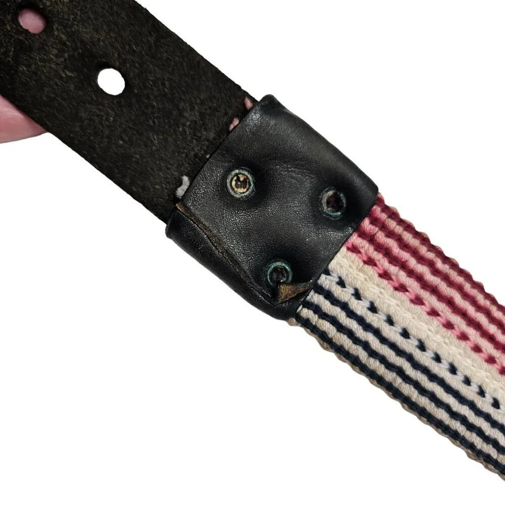 Vintage Leather‎ & Woven Fabric Belt With metal Buckle sz 34 red white blue